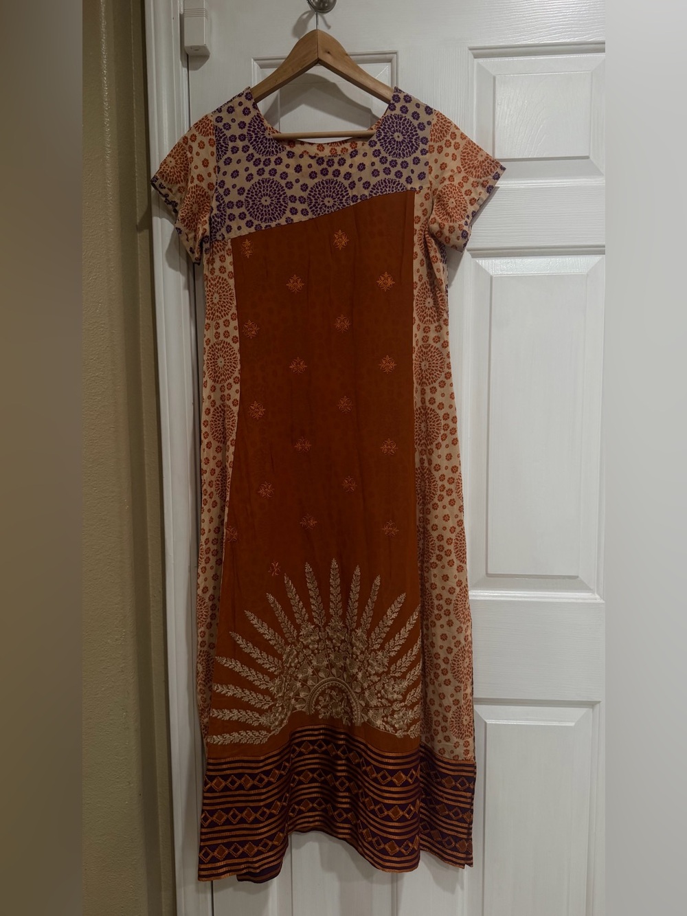 Boho Maxi Dress in Rust and Cream